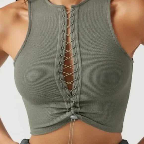 Joah Brown Lace Up Crop Tank Ribbed Top Size S/M Summit Flex Rib - Picture 2 of 13